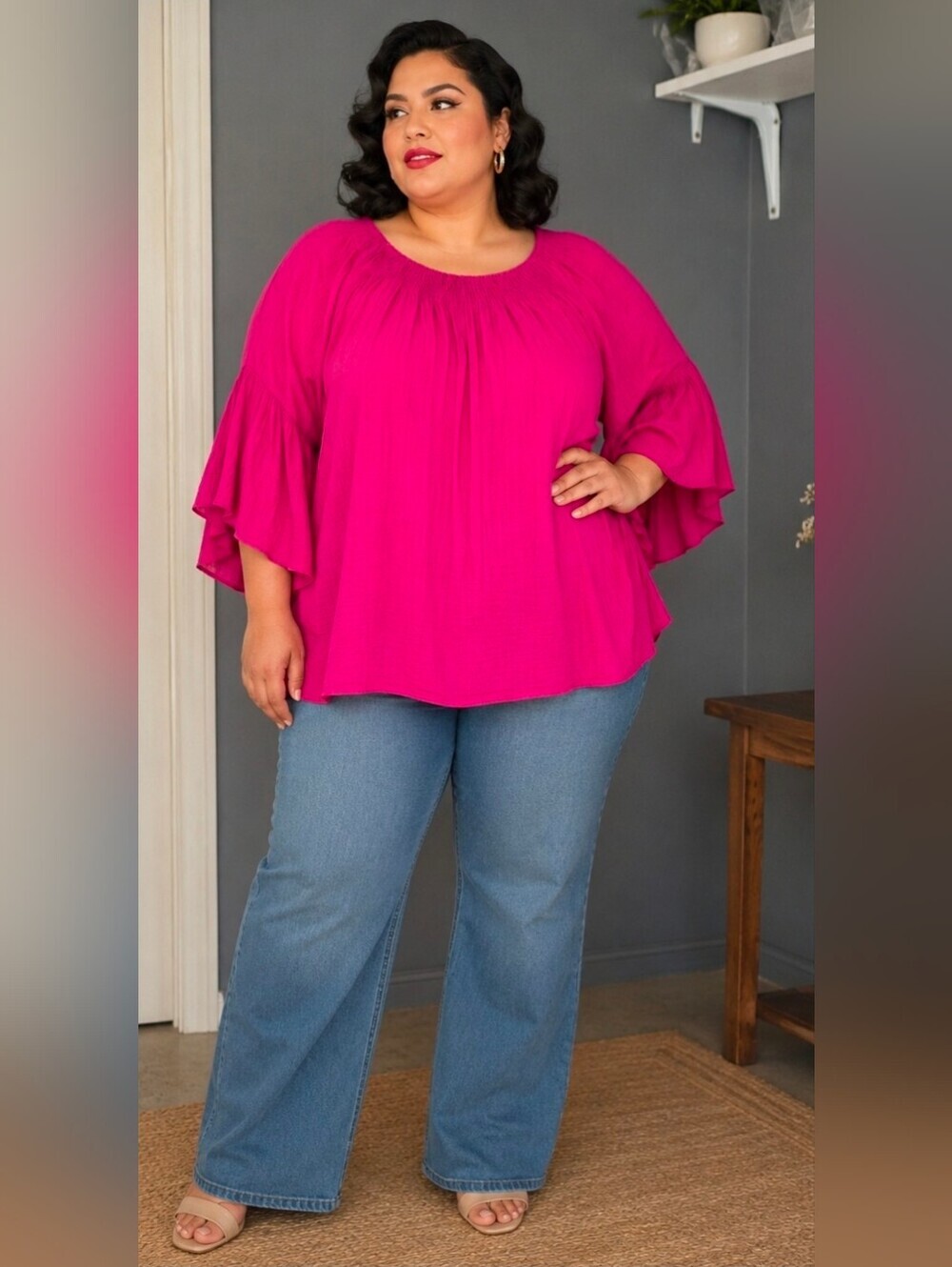Bright Pink Peasant Blouse with Ruffle Sleeves